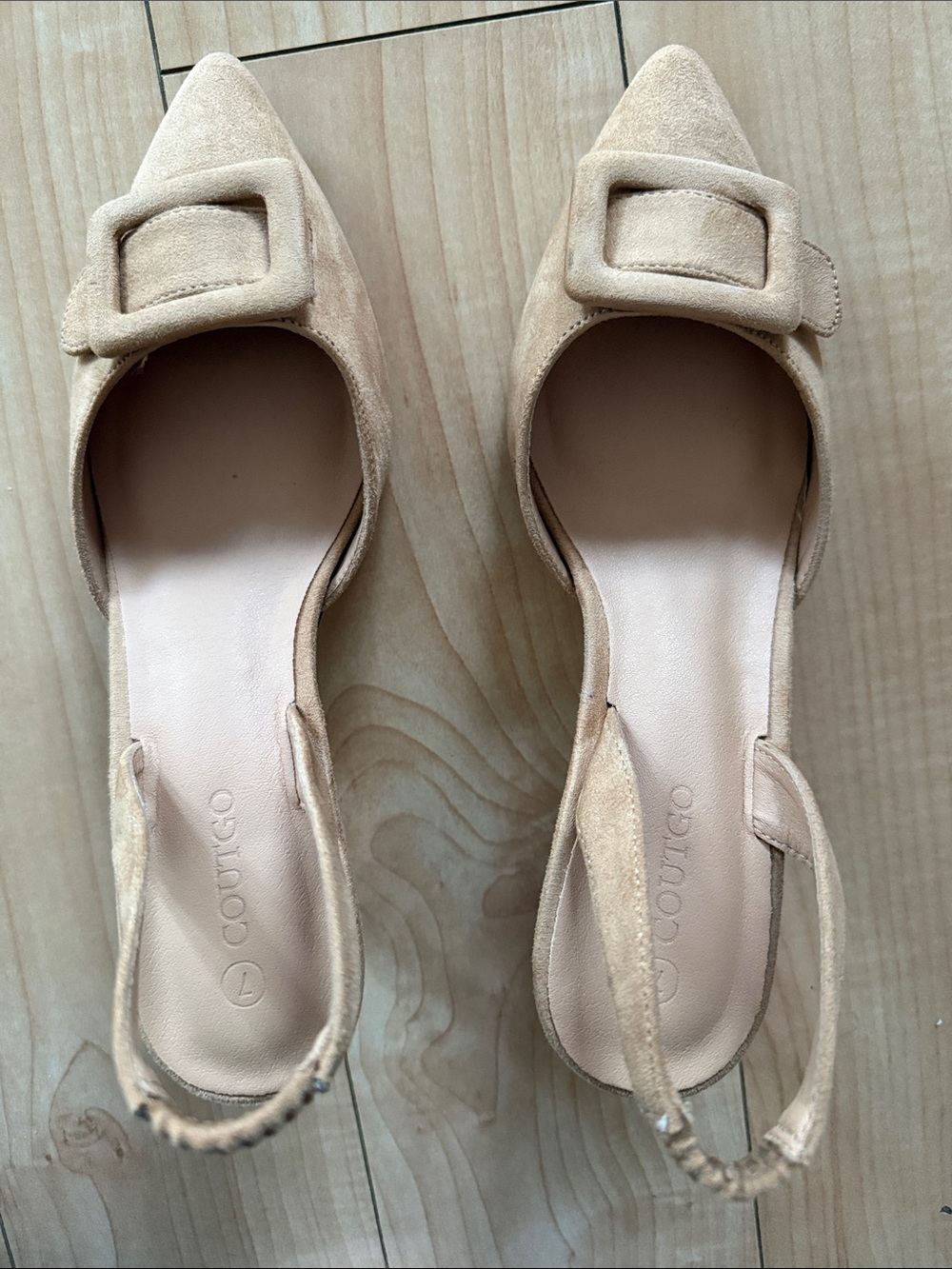 COUTTICO Beige Suede Pointed Slingback Mules with Buckle Detail